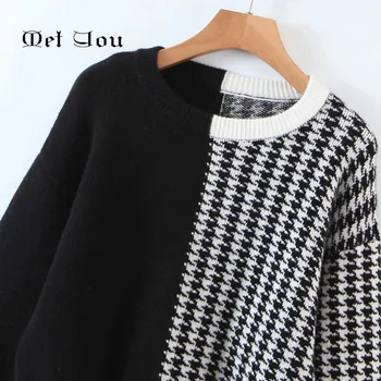 2020 moterų žiemos siūlės juodos ir baltos spalvos kontrasto spalvų houndstooth apvalios kaklo megztinis ilgomis rankovėmis mados šiltas viršų MET051