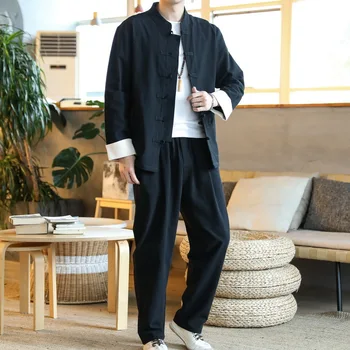 Kinų Stiliaus Lino Kostiumas Senovės Stiliaus Drabužių Mados Paprasta Didelio Dydžio Long Sleeve Top 5XL Kelnės Vyrams, Drabužiai