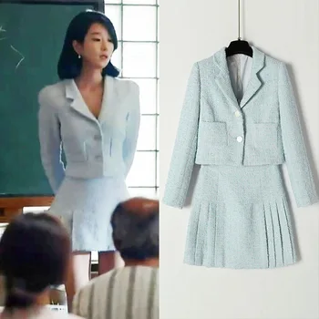 KPOP Seo Taip Bį naujas mados dangus mėlynas trumpas striukės, paltai-line Plisuotas sijonas kostiumas korėjos elegantiškas, aukštos kokybės moterų, 2 dalių rinkinys