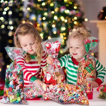 100vnt Kalėdų lipnios Slapukas Pakavimo Plastikiniai Maišeliai Kalėdų Celofano Maišeliai Gydyti Saldainių Maišelį Kalėdos Navidad Naujųjų Metų Dovana