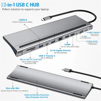 12 1 Tipas-c Dual HDMI/VGA/USB 3.0 Hub/PD/RJ/Micro-SD/TF Kortelė Doko Adapteris Didelės Rezoliucijos Daugiafunkcinis Kabelis Hub