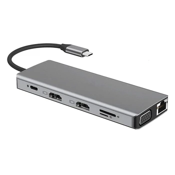 12 1 USB C Tipo Docking Station Dual 4K USB3 HDMI.0 USB2.0 PD VGA, RJ45 3.5 mm, dvigubos TF/SD Kortelės Lizdas