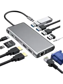 12 1 USB C Tipo Docking Station Dual 4K USB3 HDMI.0 USB2.0 PD VGA, RJ45 3.5 mm, dvigubos TF/SD Kortelės Lizdas