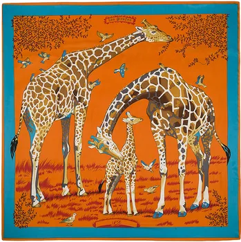 130*130cm Prabangos Prekės ženklo Moterims Šilko Skara Skaros Didelis Bufandas gyvūnų žirafa spausdinti šilko ruoželinį kvadratinės skaros&apsiaustas