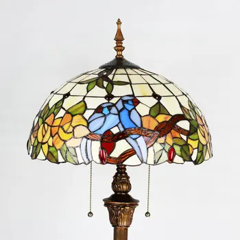 16 colių Tiffany Europos retro stiliaus meno grindų lempos spalvingas paukštis kambarį dekoratyvinis staned stiklo šiltas miegamasis