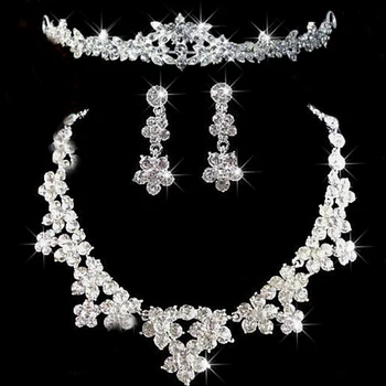 1Set Gėlių Crystal Pearl Nuotaka Karoliai, Auskarai, ekrano užsklandą Tiara Nuotakos Vestuvių Papuošalai Moterims