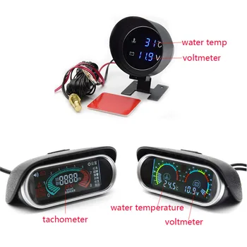 2 in 1 LCD Skaitmeninis Indikatorius Voltmeter Vandens Temperatūros Daviklis Davikliai 50-9999RPM Tacho Gabaritas Automobilių, Sunkvežimių, Tachometras, KN/RU/ES