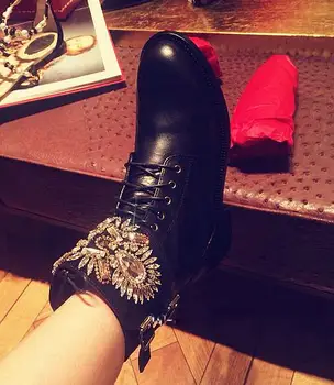 2018 Karšto Rudens-Žiemos Batai Moteris Juodos Odos Batai Kulniukai, Žemas Kulkšnies Kristalų Nėriniai-Up Martin batai zapatos de mujer