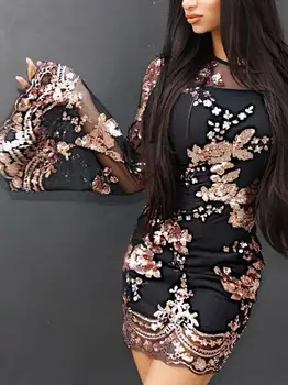 2018 m. vasaros mados seksuali moteris blizgantis china nėrinių dressfemale du-pieves blyksnius rankovės o-kaklo juodas, permatomas suknelė L1073