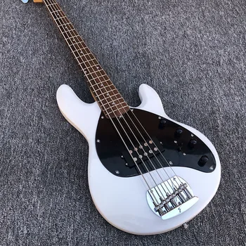 2019 Aukštos kokybės 5 Styginiai Elektrinė Bosinė Gitara, Balta bosinė gitara,Raudonmedžio fingerboard,Aktyvus pikapas,nemokamas pristatymas