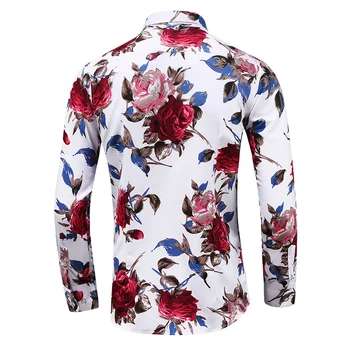 2019 m. Rudenį Vyrų Slim Gėlių Spausdinti ilgomis Rankovėmis Marškinėliai Mados Prekės ženklo Šalis Atostogų Atsitiktinis Suknelė Gėlių Marškinėliai Homme Plus Size 7XL
