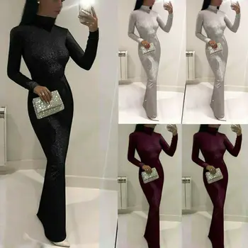 2019 Moterų Sexy Blizga China Blizgučiai Suknelės Sexy Lady Bodycon Ilgas, Maxi Club Suknelė Ilgomis Rankovėmis Aukštu Kaklu Slim Suknelės Vestidos