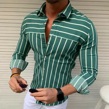 2019 Nauja Stiliaus Mados vyriški Slim Fit Juostele ilgomis Rankovėmis Raumenų marškinėliai Atsitiktinis Viršūnes Palaidinė