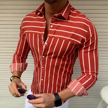 2019 Nauja Stiliaus Mados vyriški Slim Fit Juostele ilgomis Rankovėmis Raumenų marškinėliai Atsitiktinis Viršūnes Palaidinė