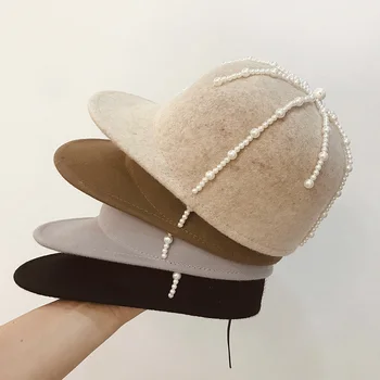 2019 Naujas Mados Gryna Vilna Beisbolo kepuraitę Elegantišką Perlų neapdailintais Kraštais Moterų Šiltas Skydelis žieminė Kepurė Jojimo Skrybėlę riteris skrybėlę vilnonių bžūp