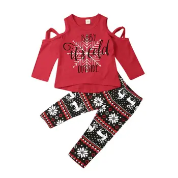 2019 Prekės 1-5T Kalėdų Vaikams Baby Girl Drabužius Išjungti Peties Long Sleeve T-shirt+Print Antblauzdžiai Kelnės 2vnt Nustatyti Rudens Komplektai