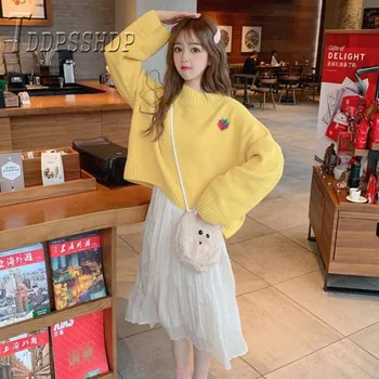2019 Siuvinėjimo Braškių Korėjos Moterų Megztinis Laisvas Megztinis Rudenį Mokyklos Saldus Moterų Megztiniai