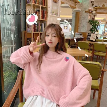 2019 Siuvinėjimo Braškių Korėjos Moterų Megztinis Laisvas Megztinis Rudenį Mokyklos Saldus Moterų Megztiniai
