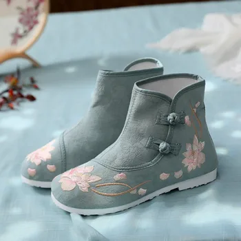 2019 Siuvinėtos audiniu Kinų stiliaus moteriški batai rudenį naujų medvilnės audinys kvėpuojantis batus moteris butas kulnas Bottes femmes