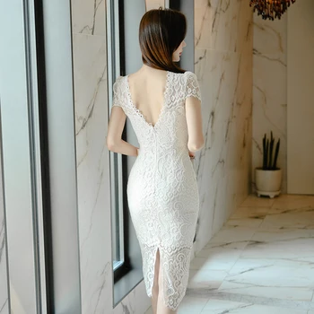 2020 Elegantiškos Mados Balta Nėrinių Suknelė Elegantiškas Moteris, Trumpas Rankovėmis Tuščiaviduriai iš Bodycon Ilgai Midi Oficialią Šalies pieštuku Suknelė Vasarai