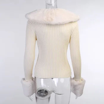 2020 m. Moteris Slim Rudens Žiemos Trikotažo Džemperis Cardigan Seksualus Įrengtas Dirbtiniais Kailiais Pasukite Žemyn Apykaklės mygtuką ilgomis Rankovėmis Pasėlių Viršuje Striukė