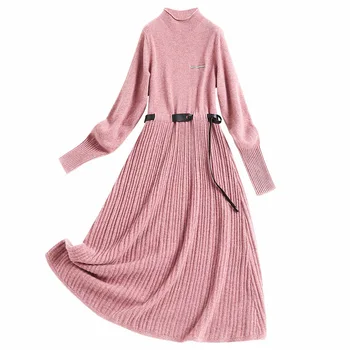 2020 m. rudens žiemos moterys elegantiškas vilnos megzti megztinis suknelė ilgomis rankovėmis golfo-line šiltas suknelės rožinė mėlyna