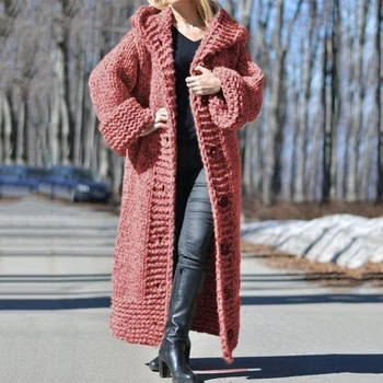 2020 M. Rudenį, Žiemą Gobtuvu Negabaritinių Plius Dydis Megztiniai Storas Šiltas Megztinis Moterų Megzti Paltai Palaidi Ilgi Paltai Trikotažas