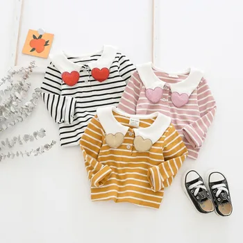 2020 m. Vaikų marškinėliai Rudenį Vaikams Drabužių Dryžuotas su Širdies Atvartas ilgomis rankovėmis T-shirt Baby Merginos Top Medvilnės marškinėliai