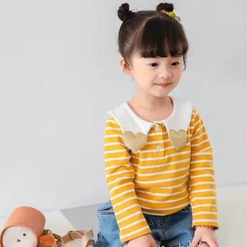 2020 m. Vaikų marškinėliai Rudenį Vaikams Drabužių Dryžuotas su Širdies Atvartas ilgomis rankovėmis T-shirt Baby Merginos Top Medvilnės marškinėliai
