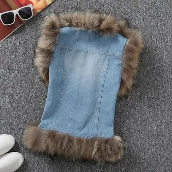 2020 m. žiemos naujas mados moterų liemenė su originali nekilnojamojo meškėnas kailių apykaklės Džinsinio džinsus Išskirtinis specialios kailio striukė