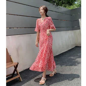 2020 Metų Vasaros Ilga Suknelė Moterims Patinka Širdį Spausdinti Šifono Bohemijos Suknelė Korėja Boho Stiliaus Maxi Suknelė Raukiniai Sundress Vestidos