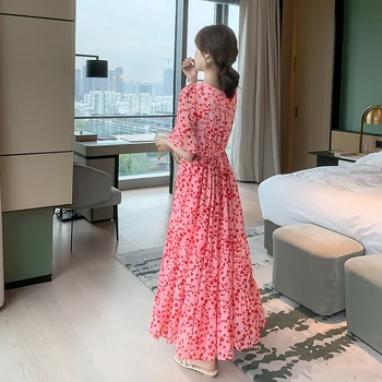 2020 Metų Vasaros Ilga Suknelė Moterims Patinka Širdį Spausdinti Šifono Bohemijos Suknelė Korėja Boho Stiliaus Maxi Suknelė Raukiniai Sundress Vestidos