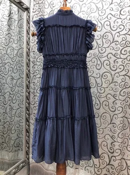 2020 Metų Vasaros Mados Suknelė Aukštos Kokybės Moterų Tunika Mygtukai Deco Pynimas Plisuotos Seksualus Vidurio Blauzdos Ilgio, Tamsiai Mėlyna Rožinė Suknelė Vintage