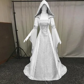 2020 Moterų Žiemos Derliaus ilgomis Rankovėmis su Gobtuvu Viduramžių Suknelė Grindų Ilgis Renesanso, Gotikos Suknelė