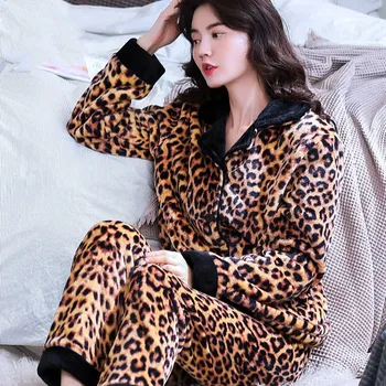 2020 Nauja Storų Moterų Pižama Nustatyti, Žiemą Šilta Flanelė Pajama Komplektai Pižamos Leopard Moterų Homewear Gyvūnų Sleepwear