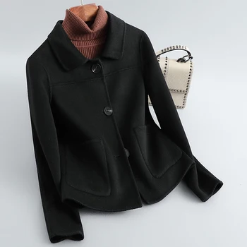 2020 Naujas Eglute Vilnos paltai Moterims korėjos trumpas Vilnonis paltas Juodos spalvos dvipusis Kašmyro paltai Rudens-Žiemos Moteriškų drabužių 3XL