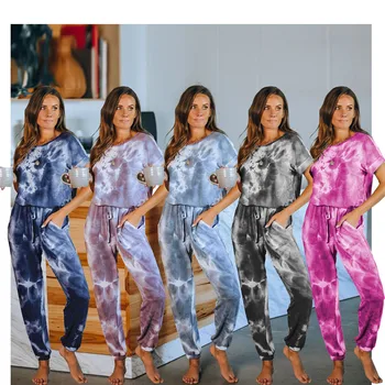 2020 Naujas Kaklaraištis Dažų Spausdinti Moterų Pižama Trumpomis Rankovėmis Viršūnes & Ilgas Kelnes Loungewear Pijamas Feminino Nustatyti, Naktiniai Drabužiai Atsitiktinis Sleepwear