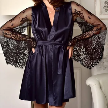 2020 Naujas Seksualus apatinis Trikotažas Šilko Nėriniai Juoda Kimono Intymi Sleepwear Skraiste Naktį Suknelė Prarasti Moterų maudymosi Chalatai S-XL