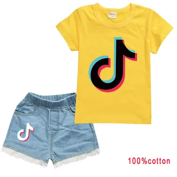 2020 naujas Tap-tap Vasaros Mergaitė Medvilnės trumpomis Rankovėmis T-shirt + Džinsinio Šortai Rinkinys 2-10 Y Vaikas Kokybės Drabužių padėkos komplektai