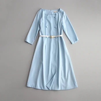 2020 Naujas Vasaros Candy Spalva Light Blue-line Suknelė O-kaklo rusijos Stiliaus Dvigubo Breasted Pagrindinio Elegantiškas OLIS Darbas-nešioti Moterų Suknelė