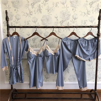 2020 Naujas Vasaros Moterų Pajama Komplektai 5 Vnt Sexy Nėrinių Pižama Moterims, Satino, Šilko Sleepwear Elegantiškas Pyjama su Krūtinės Pagalvėlės Homewear