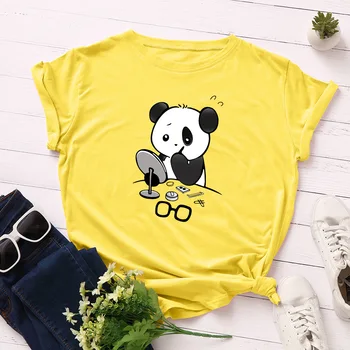 2020 Naujas Vasaros Plius Dydis Moterų Medvilnės T Shirts Mielas Panda Atspausdinta Tee Viršūnes Trumpas Rankovės Mergina T-Shirt Moterų Viršūnių Drabužiai