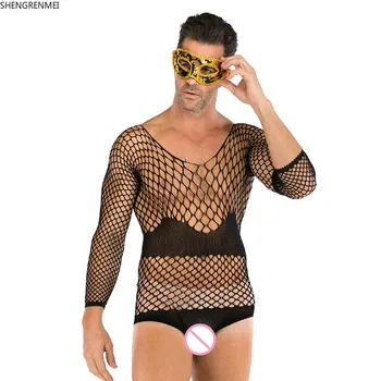 2020 Naujas Vyrų Apatiniai drabužiai, vyriški ilgomis rankovėmis Lingerie Sexy Tinklelio Drabužius žvejybos tinklas Bodysuit porno kraujavimas iš Žmogaus, Baras, Klubas, naktiniai drabužiai SHENGRENMEI