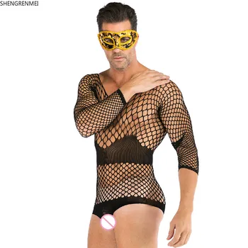 2020 Naujas Vyrų Apatiniai drabužiai, vyriški ilgomis rankovėmis Lingerie Sexy Tinklelio Drabužius žvejybos tinklas Bodysuit porno kraujavimas iš Žmogaus, Baras, Klubas, naktiniai drabužiai SHENGRENMEI