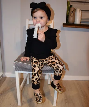 2020 Naujų Rudens Jaunikliai Toddlerb Baby Girl Drabužiai Medvilnės ilgomis rankovėmis T-shirt+Leopard Kelnės 2 Vnt Kūdikių Drabužių Rinkinys