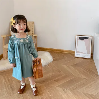 2020 Naujų Rudens korėjos Stilius Mergaitėms ilgomis Rankovėmis Princesė Dress Siuvinėjimo Aikštėje Apykaklės drsses Kūdikių Mergaičių Mielas Vaikams suknelė