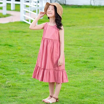 2020 Paauglių Mergaičių Vasaros Ilga Suknelė Drabužius Vaikams Mergina Mados Medvilnės Atsitiktinis Suknelės Kūdikių Rožinė Geltona Sundress Kratinys Suknelė