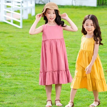 2020 Paauglių Mergaičių Vasaros Ilga Suknelė Drabužius Vaikams Mergina Mados Medvilnės Atsitiktinis Suknelės Kūdikių Rožinė Geltona Sundress Kratinys Suknelė
