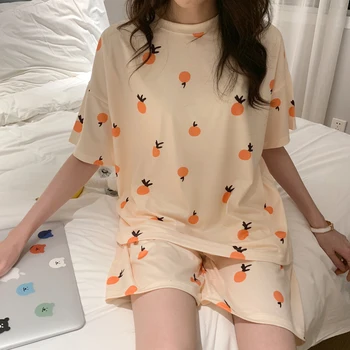 2020 Prarasti Atsitiktinis Sleepwear Mielas Vasaros Pižama Nustatyti Moterų Prakaito Marškinėliai ir Šortai, Apelsinų Vaisių Spausdinti Mergina Pjs Homewear