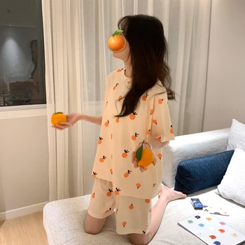 2020 Prarasti Atsitiktinis Sleepwear Mielas Vasaros Pižama Nustatyti Moterų Prakaito Marškinėliai ir Šortai, Apelsinų Vaisių Spausdinti Mergina Pjs Homewear